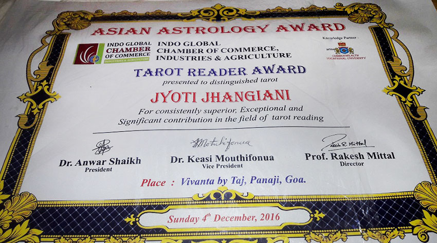 Ancient Astrology Award as a Tarot Reader - Certificate received in GOA
