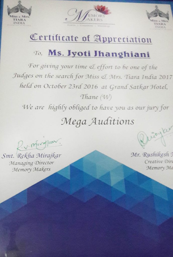 Felicitatd as a Jury In Miss & Mrs Tiara India 2017